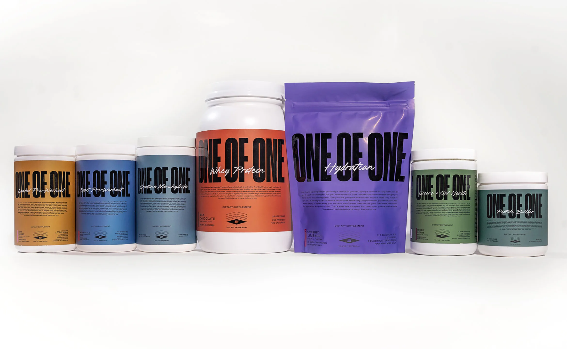The full ONE OF ONE family: Loaded Pre-Workout, Sport Pre-Workout, Creatine, Whey Protein, Hydration, Greens + Gut Health and Peptide Builder.